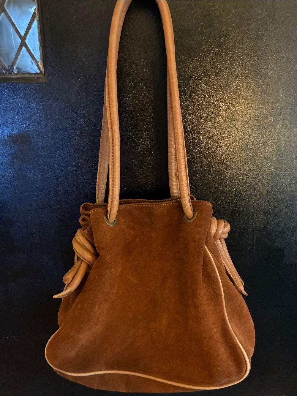 Vintage Brown Suede Shoulder Bag - Drawstring with Leather